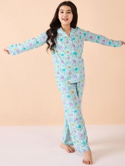 Stylo Bug - Girls Aqua Fish Printed Ankle Length Night Wear Night Suit Blue (Set of 2)