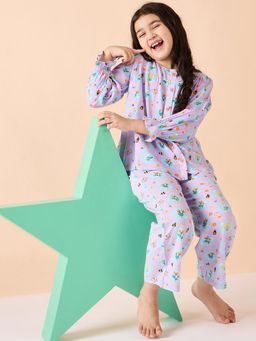 Stylo Bug - Girls Backyard Garden Printed Ankle Length Night Suit Purple (Set of 2)