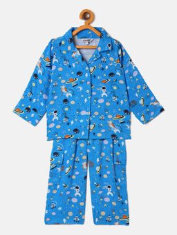 Stylo Bug - Boys Space Printed Ankle Length Night Wear Night Suit Blue (Set of 2)