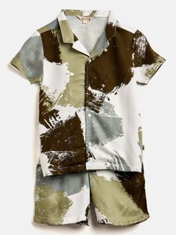 Stylo Bug - Boys Printed Mid Thigh Casual Wear Shirt with Shorts Green (Set of 2)