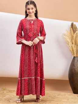 Stylo Bug - Girls Bandhani Printed Ankle Length Empire Ethnic Wear Dress Red