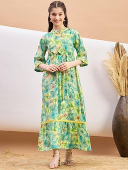 Stylo Bug - Girls Flower Printed Ankle Length Empire Ethnic Wear Dress Green