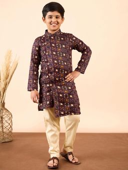 StyloBug - Boys Hand Block Printed Ethnic Wear Kurta & Pyjama Brown (Set of 2)