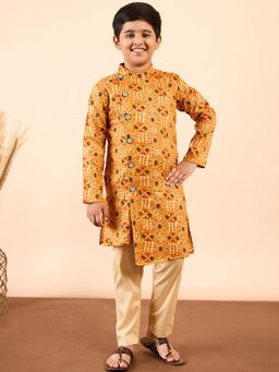 StyloBug - Boys Printed Full Length Ethnic Wear Kurta and Pyjama Yellow (Set of 2)