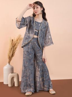 Stylo Bug - Girls Printed Ankle Ethnic Wear Top with Sharara & Jacket Grey (Set of 3)