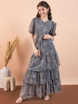 Stylo Bug - Girls Printed Ankle Length Ethnic Wear Lehenga Choli Grey (Set of 3)