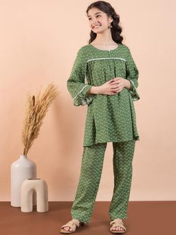 Stylo Bug - Girls Hand Block Print Ankle Length Kurta & Pant Green (Set of 2)