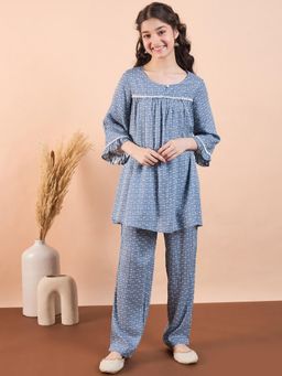 StyloBug - Girls Hand Block Print Ankle Length Kurta and Pant Blue (Set of 2)