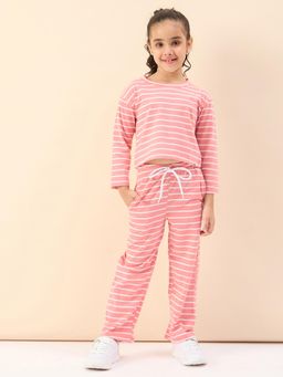 Stylo Bug - Girls Stripes Ankle Length T-Shirt with Track Pant Pink (Set of 2)