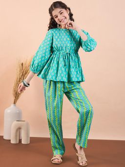 Stylo Bug - Girls All Over Print Ankle Length Ethnic Wear Kurta and Pant Green (Set of 2)