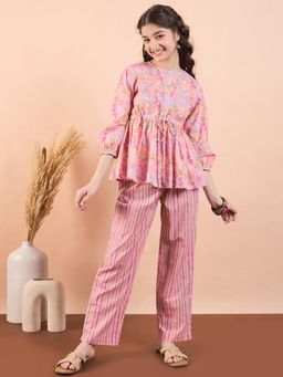 StyloBug - Girls All Over Print Ankle Length Ethnic Wear Kurta and Pant Pink (Set of 2)