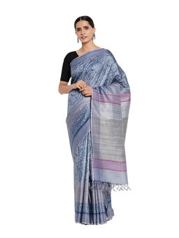 Fabindia - Silk Cotton Hand Block Print Sari- Blue