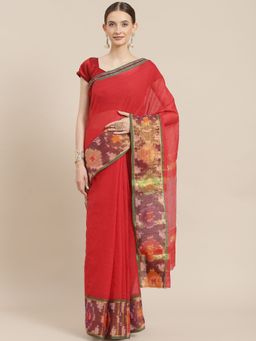 ISHIN - Womens Cotton Blend Red Solid Woven Pochampally Saree with Unstitched Blouse