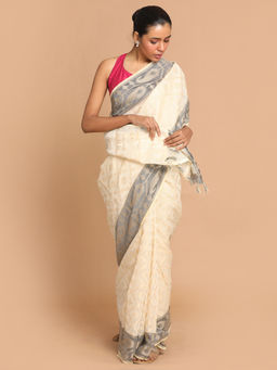 Indethnic - Banarasi Beige Woven Design Work Wear Saree With Unstitched Blouse