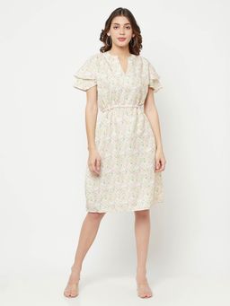 CRIMSOUNE CLUB - Women Beige Floral Printed Mandarin Collar Dress