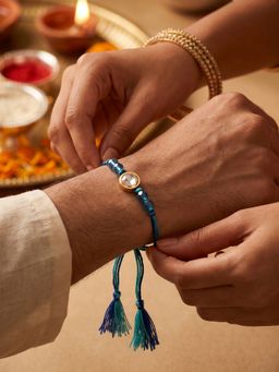 TOUCH925 - 925 Silver Stone Rakhi for Brother with Blue Beads and Gold-Tone Frame Design