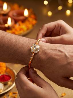 TOUCH925 - 925 Silver Floral Rakhi for Brother with Shimmering Stones and Beaded Accents