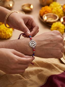 TOUCH925 - 925 Silver Ganpati Rakhi for Brother with Sparkling Stones and Colorful Beads