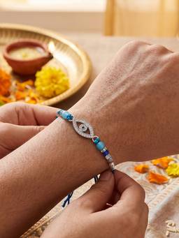TOUCH925 - 925 Silver Evil Eye Rakhi for Brother with Sparkling Stones and Blue Beads