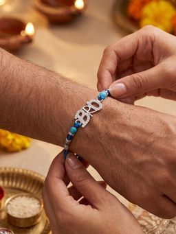 TOUCH925 - 925 Silver Bro Rakhi for Brother with Stone-Studded Charm and Blue Beads