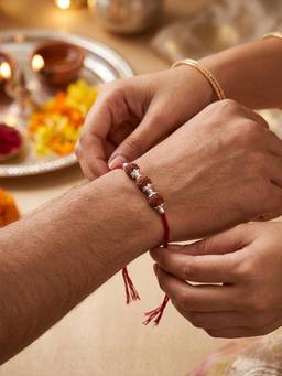 TOUCH925 - 925 Silver Triple Rudraksha Rakhi for Brother with Sacred Beads and Silver Work