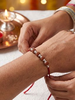 TOUCH925 - 925 Silver Five Rudraksha Rakhi for Brother with Sacred Beads and Silver Accents