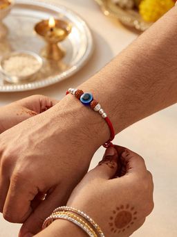 TOUCH925 - 925 Silver Evil Eye and Rudraksha Rakhi for Brother with Sacred Red Thread