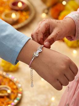 TOUCH925 - 925 Silver Colorful Bow Kids Rakhi for Sibling with Enamel Charm and Pink Cord