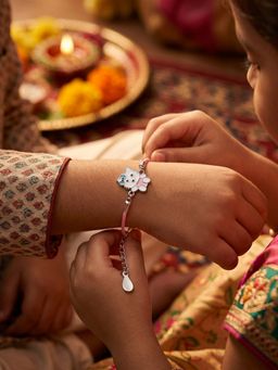 TOUCH925 - 925 Silver Hello Kitty Kids Rakhi for Sibling with Enamel Charm and Pink Cord
