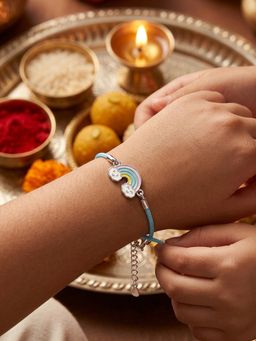 TOUCH925 - 925 Silver Rainbow Cloud Kids Rakhi for Sibling with Enamel Charm and Blue Cord