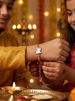 TOUCH925 - 925 Silver Magic Unicorn Kids Rakhi for Sibling with Enamel Charm and Yellow Cord