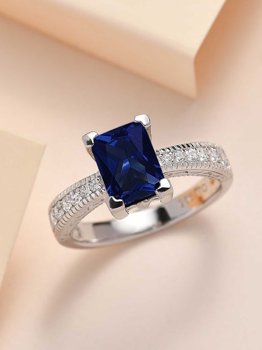 Ornate Jewels 925 Sterling Silver Blue Sapphire and American Diamond Solitaire Ring for Women Girls