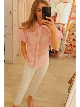 Loveable Creations By Muskan - Pink Embroidery Collar Crystal Shirt