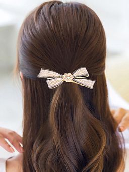 Yellow Chimes - White Pearl Bow Shaped French Hair Barrette