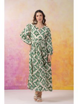 NYARO - Women Green Printed Cotton Voile Dress