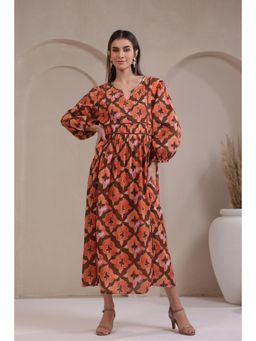NYARO - Women Orange Printed Cotton Voile Dress