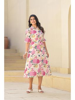 Juniper - Pink Floral Printed Cotton Long Dress with Belt (Set of 2)