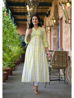 Juniper - Off White and Lime Floral Printed Viscose Kurta with Sequins and Thread Work