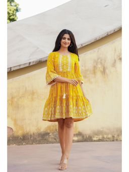 Juniper - Mustard Ethnic Motif Printed Viscose Short Dress with Doris and Tassels