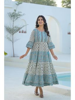 Juniper - Sky Blue Ethnic Motif Printed Cotton Long Dress with Doris and Tassels (Set of 2)