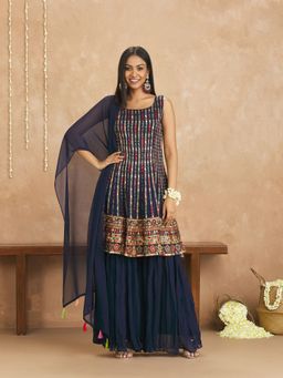 Gajra Gang - Nazakat Blue Embroidered Short Kurta with Sharara & Dupatta (Set of 3)