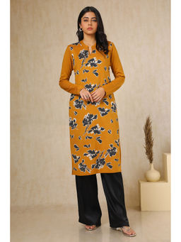 Soch - Women's Mustard Acrylic Woven Design Winter Kurta