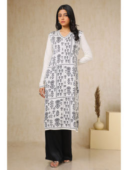 Soch - Women's White Acrylic Woven Design Winter Kurta
