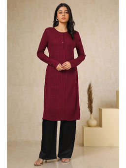 Soch - Women's Wine Acrylic Woven Design Winter Kurta