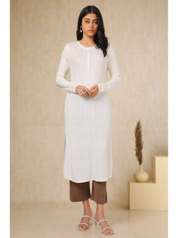 Soch - Women's Off White Acrylic Woven Design Winter Kurta