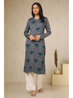 Soch - Women's Grey Acrylic Woven Design Winter Kurta