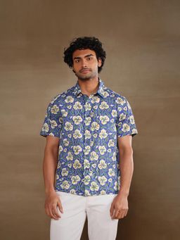 Fabindia - Blue Cotton Floral Printed Bush Shirt