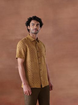 Fabindia - Mustard Linen Hand Block Printed Bush Shirt