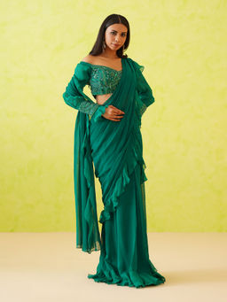 Deepika Chadha - Green Pre-Draped Embroidered Saree with Stitched Blouse