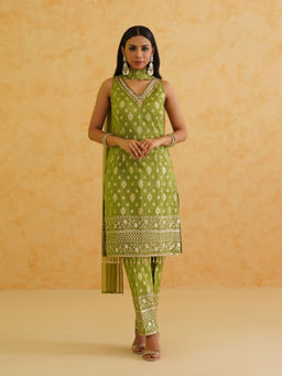 Deepika Chadha - Green Brocade Kurta with Pant and Dupatta (Set of 3)